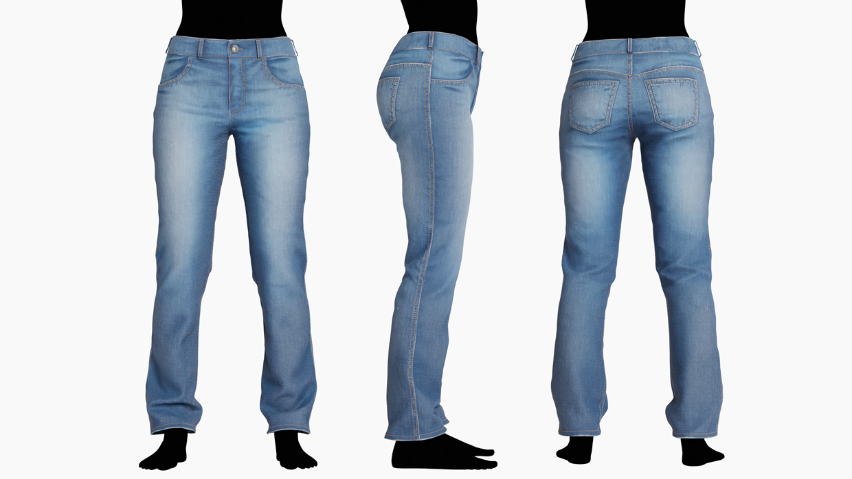 Lineup of female jeans 3D models featuring high-resolution denim textures